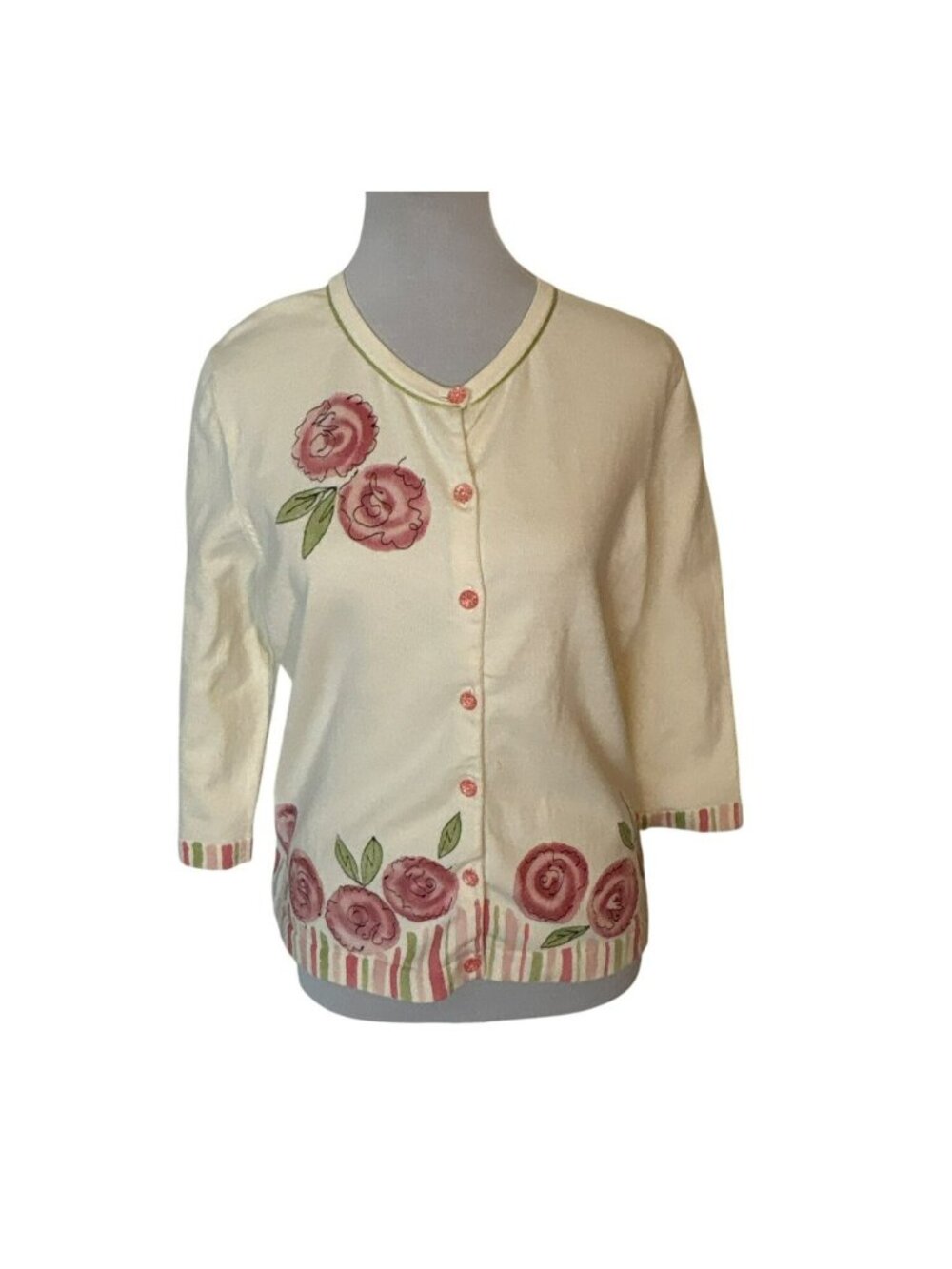Garnet Hill Floral Embroidered Button-Down 3/4 Sleeve Cardigan Sweater Size M